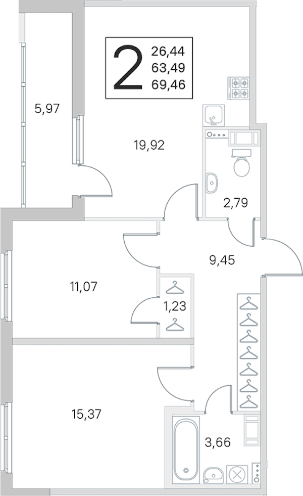 2-комнатная квартира 63.49 м², 3/4 эт., ЖК «Любоград в Стрельне»
